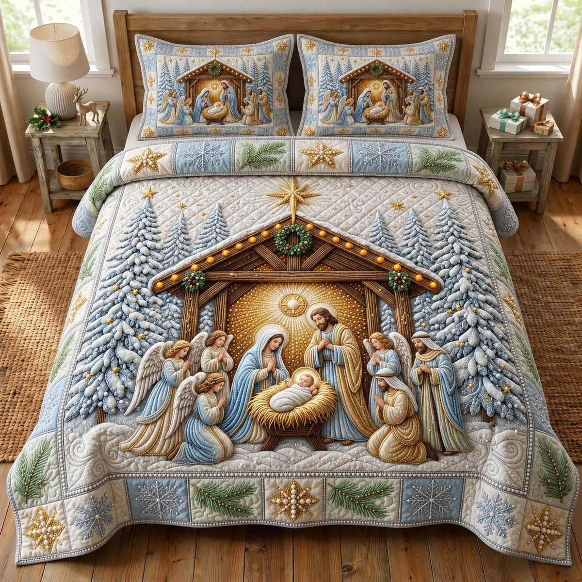 Nativity Scene quilted 3-piece bedding set on a made bed in a winter-styled bedroom
