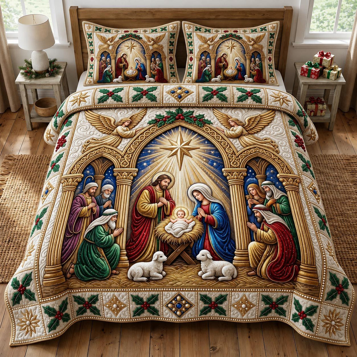 Nativity Scene quilted 3-piece bedding set on a made bed in a winter-styled bedroom