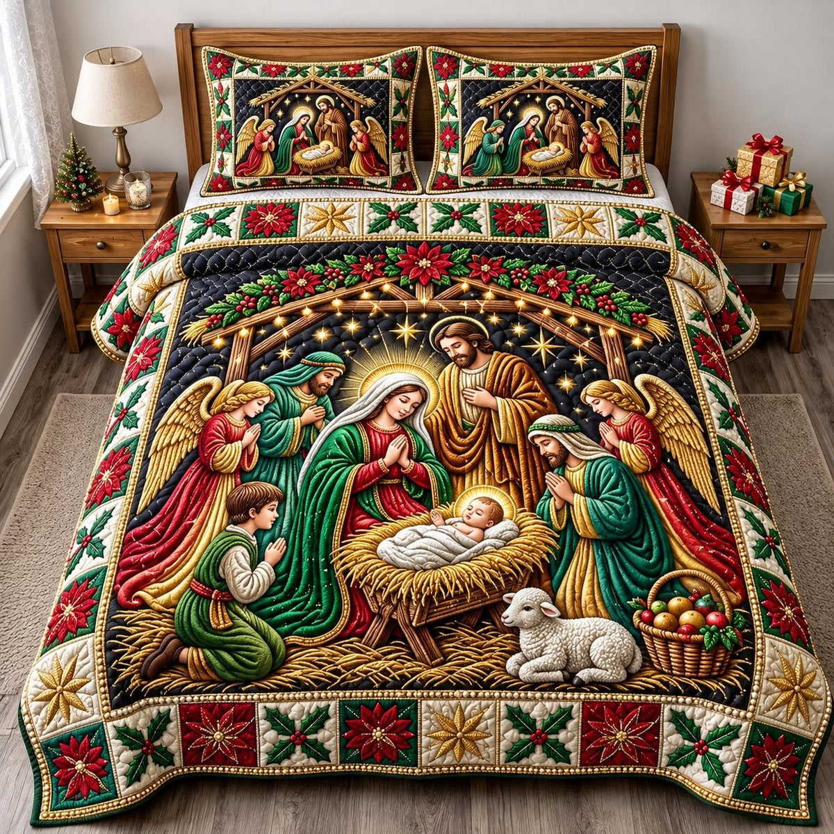 Nativity Scene quilted 3-piece bedding set on a made bed in a winter-styled bedroom