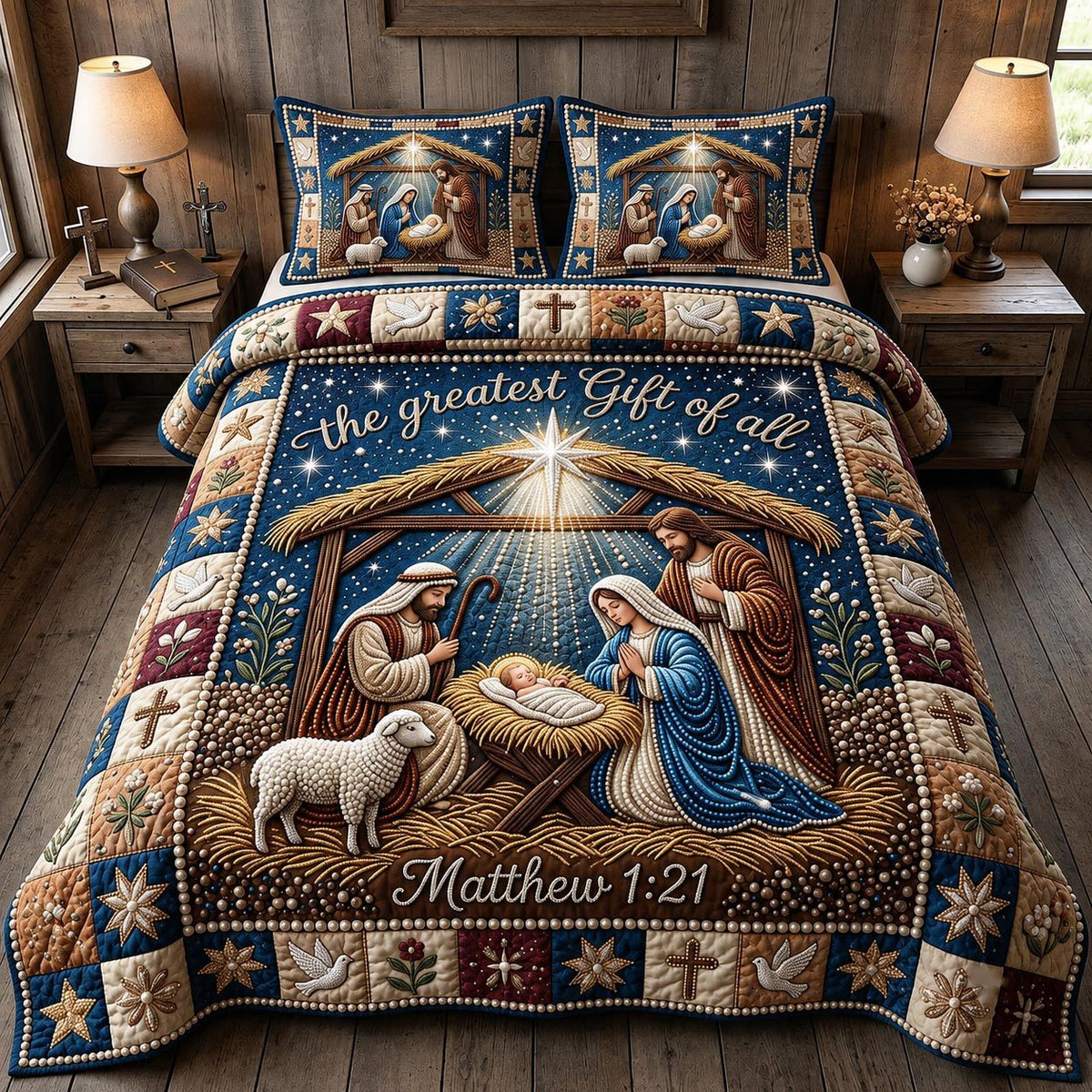 Nativity Scene quilted 3-piece bedding set on a made bed in a winter-styled bedroom
