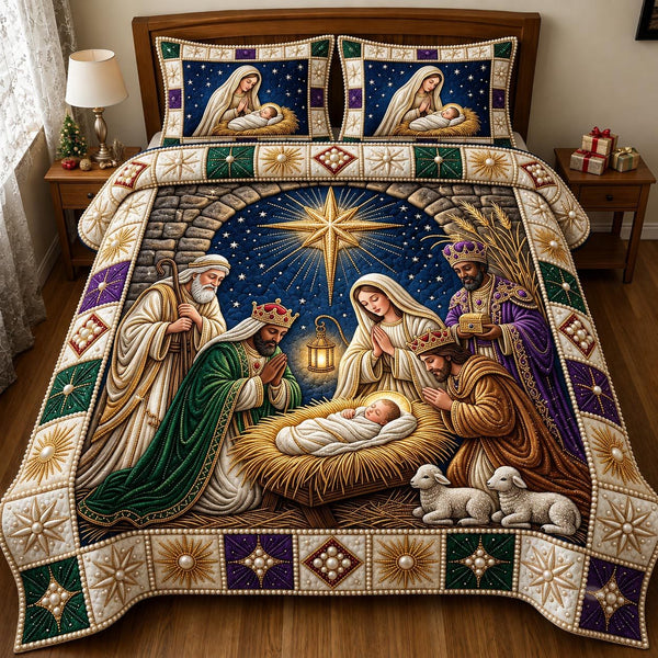 Nativity Scene quilted 3-piece bedding set on a made bed in a winter-styled bedroom