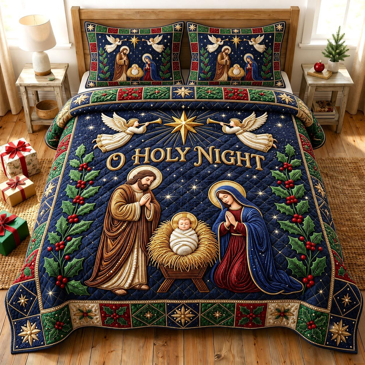 Nativity Scene quilted 3-piece bedding set on a made bed in a winter-styled bedroom