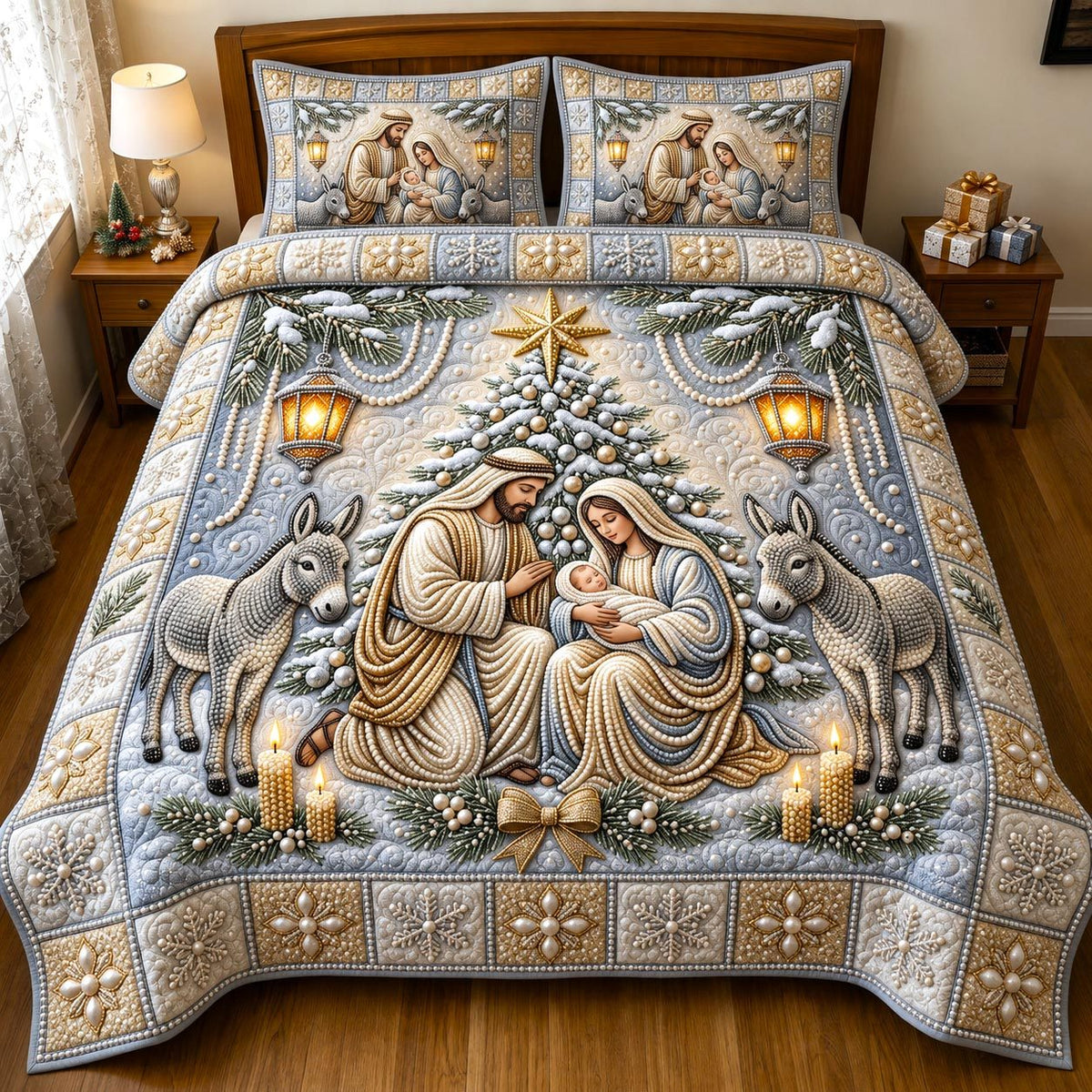 Nativity Scene quilted 3-piece bedding set on a made bed in a winter-styled bedroom