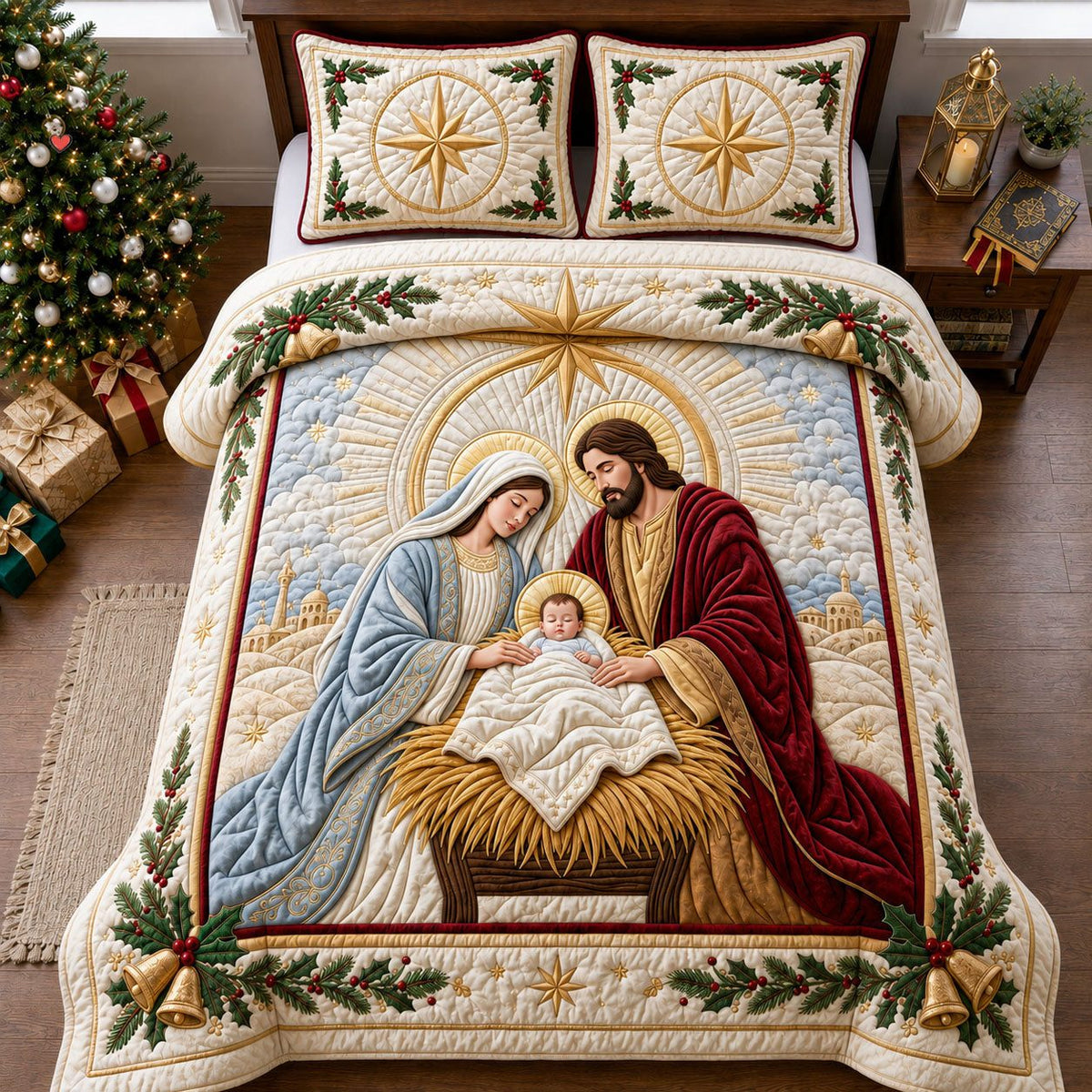 Nativity Scene quilted 3-piece bedding set on a made bed in a winter-styled bedroom