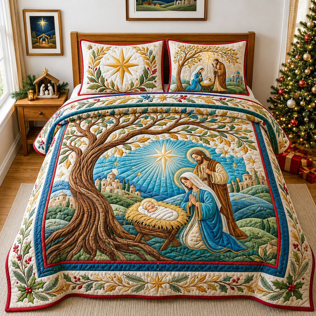 Nativity Scene quilted 3-piece bedding set on a made bed in a winter-styled bedroom