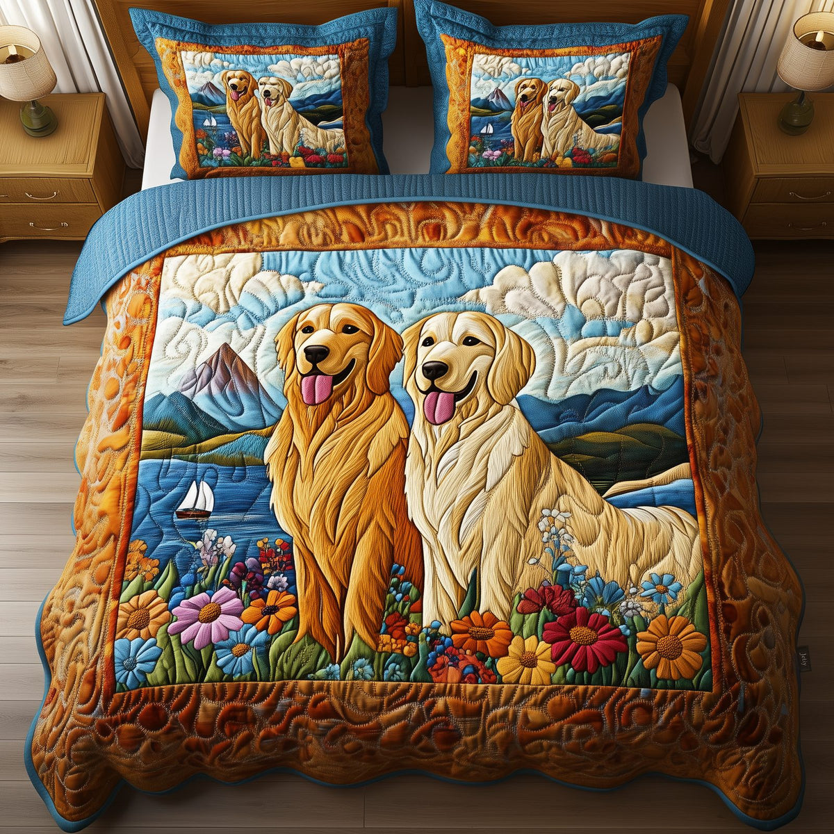 Natural Golden Retriever quilted 3-piece bedding set on a made bed with two matching pillow shams