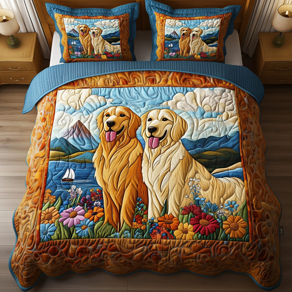 Natural Golden Retriever quilted 3-piece bedding set on a made bed with two matching pillow shams