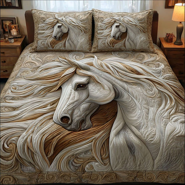 Natural Majesty quilted 3-piece bedding set on a made bed with two matching pillow shams