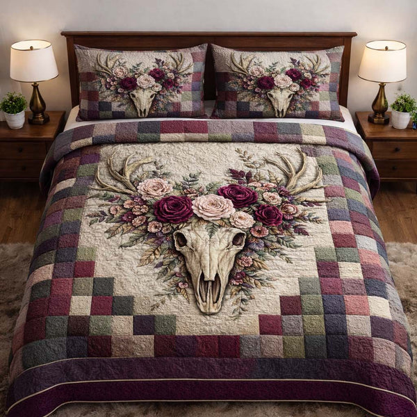 Nature Antlers quilted 3-piece bedding set on a made bed with two matching pillow shams