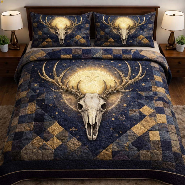 Nature Antlers quilted 3-piece bedding set on a made bed with two matching pillow shams