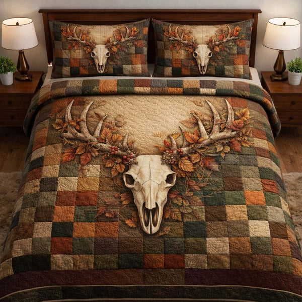 Nature Antlers quilted 3-piece bedding set on a made bed with two matching pillow shams