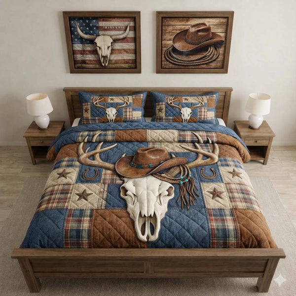 Nature Antlers quilted 3-piece bedding set on a made bed with two matching pillow shams