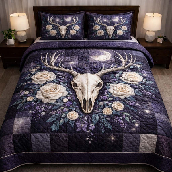 Nature Antlers quilted 3-piece bedding set on a made bed with two matching pillow shams