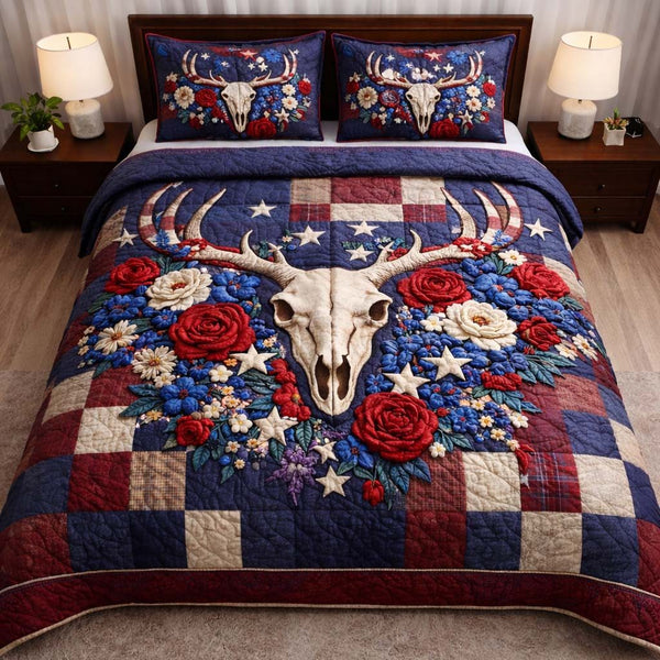 Nature Antlers quilted 3-piece bedding set on a made bed with two matching pillow shams
