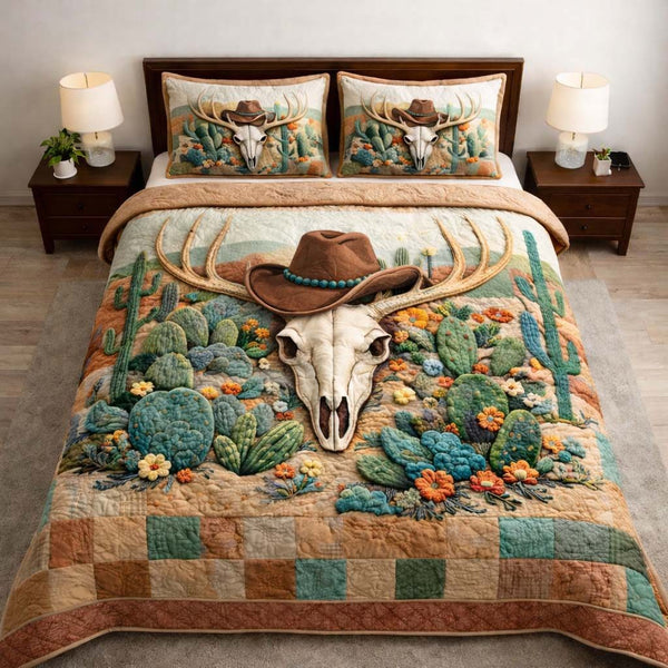 Nature Antlers quilted 3-piece bedding set on a made bed with two matching pillow shams