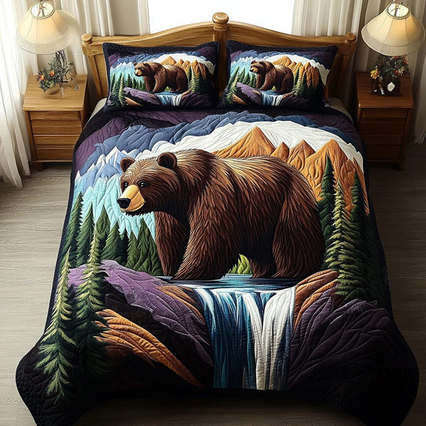 Nature Bear quilted 3-piece bedding set on a made bed with two matching pillow shams