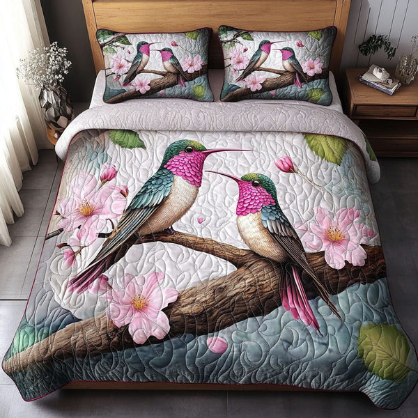 Nature Beauty quilted 3-piece bedding set on a made bed with two matching pillow shams