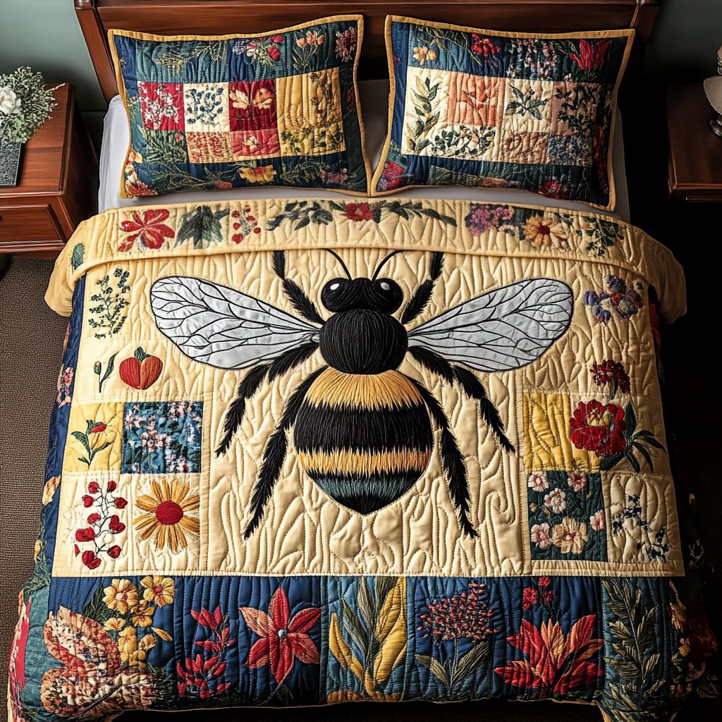 Nature Bee quilted 3-piece bedding set on a made bed with two matching pillow shams