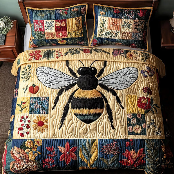 Nature Bee quilted 3-piece bedding set on a made bed with two matching pillow shams