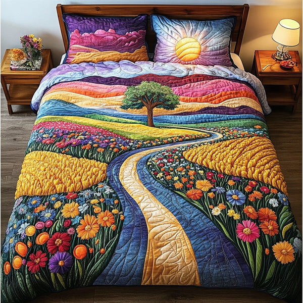 Nature Bliss quilted 3-piece bedding set on a made bed with two matching pillow shams