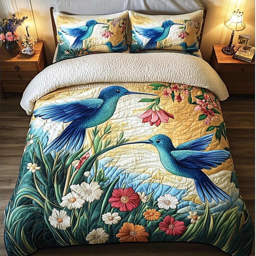 Nature Bliss quilted 3-piece bedding set on a made bed with two matching pillow shams