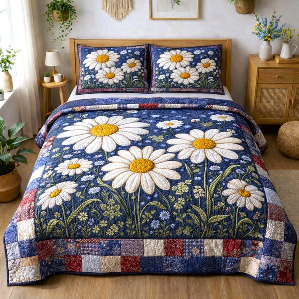 Nature Bloom quilted 3-piece bedding set on a made bed with two matching pillow shams