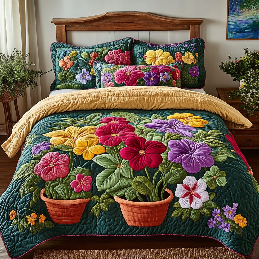 Nature Bloom quilted 3-piece bedding set on a made bed with two matching pillow shams