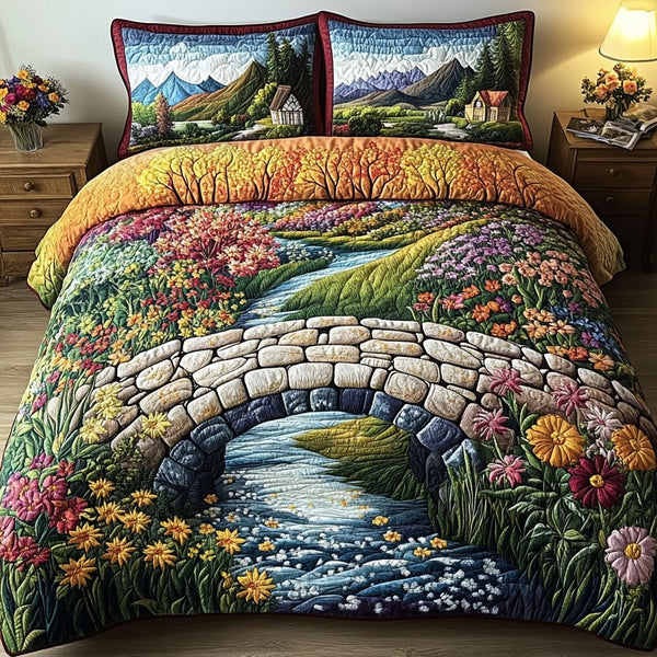 Nature Bloom quilted 3-piece bedding set on a made bed with two matching pillow shams