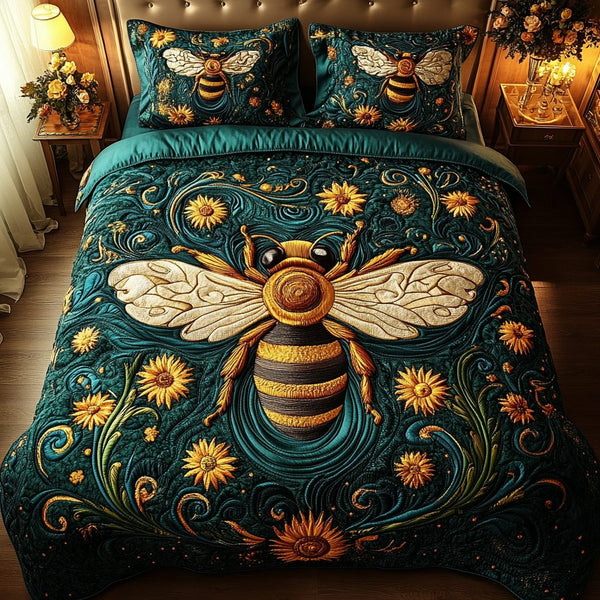 Nature Buzz quilted 3-piece bedding set on a made bed with two matching pillow shams