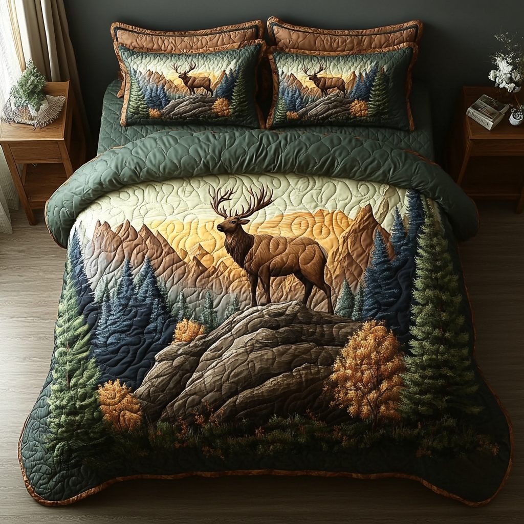 Nature Call quilted 3-piece bedding set on a made bed with two matching pillow shams