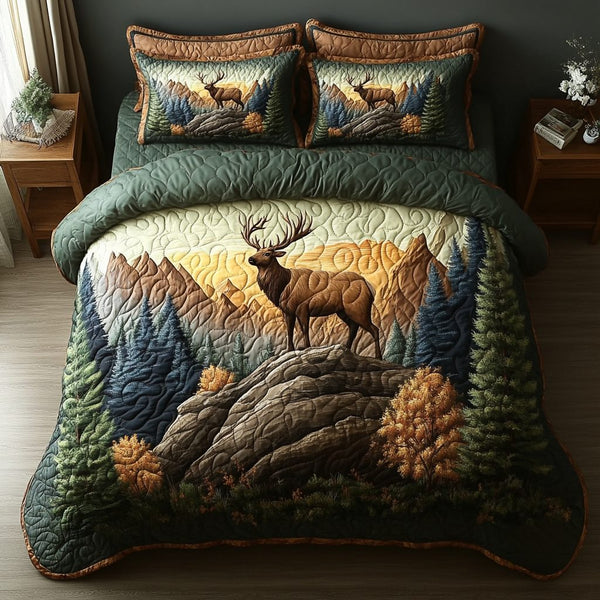 Nature Call quilted 3-piece bedding set on a made bed with two matching pillow shams