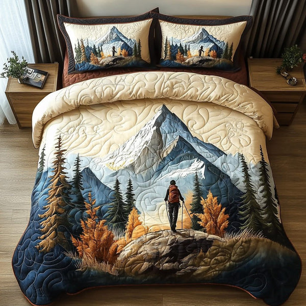 Nature Call quilted 3-piece bedding set on a made bed with two matching pillow shams