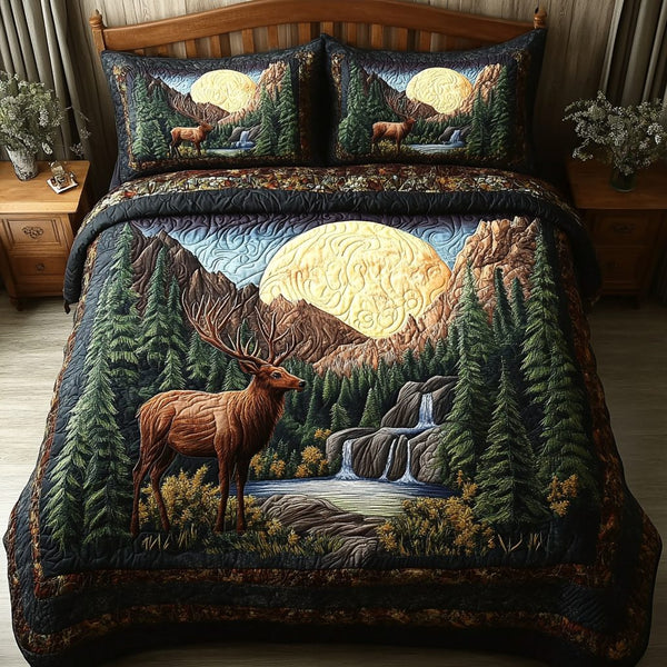 Nature Call quilted 3-piece bedding set on a made bed with two matching pillow shams