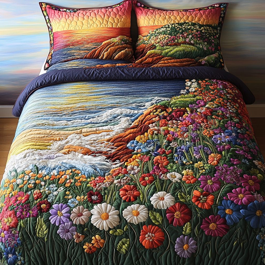 Nature Canvas quilted 3-piece bedding set on a made bed with two matching pillow shams