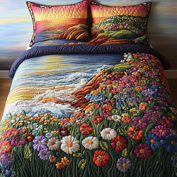 Nature Canvas quilted 3-piece bedding set on a made bed with two matching pillow shams