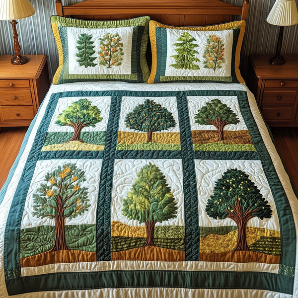 Nature Charm quilted 3-piece bedding set on a made bed with two matching pillow shams