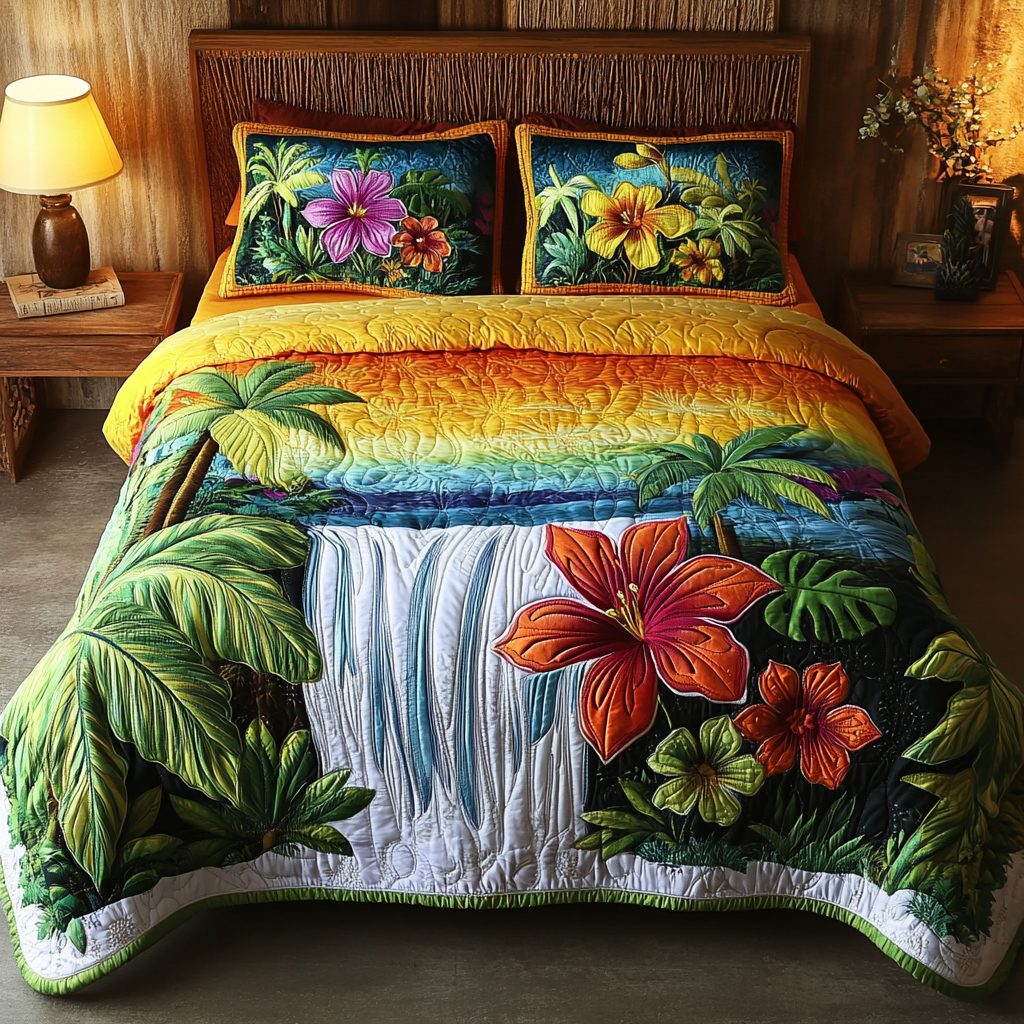 Nature Drift quilted 3-piece bedding set on a made bed with two matching pillow shams