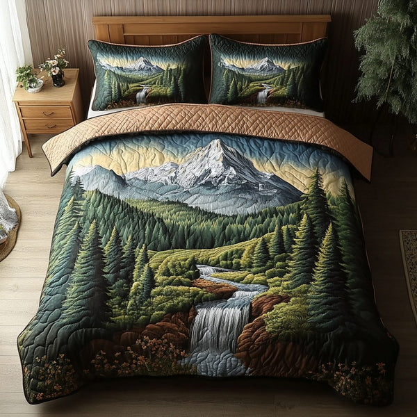 Nature Edge quilted 3-piece bedding set on a made bed with two matching pillow shams