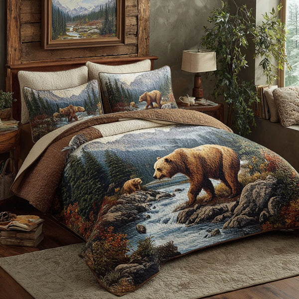 Nature Embrace quilted 3-piece bedding set on a made bed with two matching pillow shams