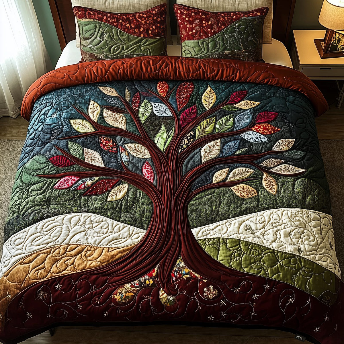Nature Embrace quilted 3-piece bedding set on a made bed with two matching pillow shams