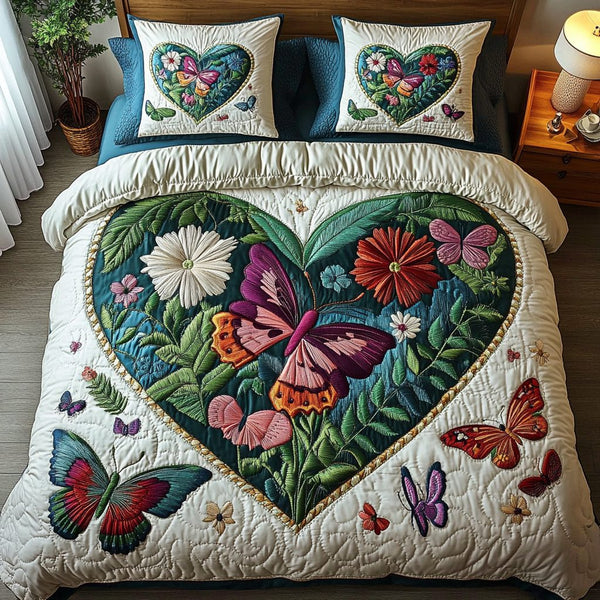Nature Embrace quilted 3-piece bedding set on a made bed with two matching pillow shams