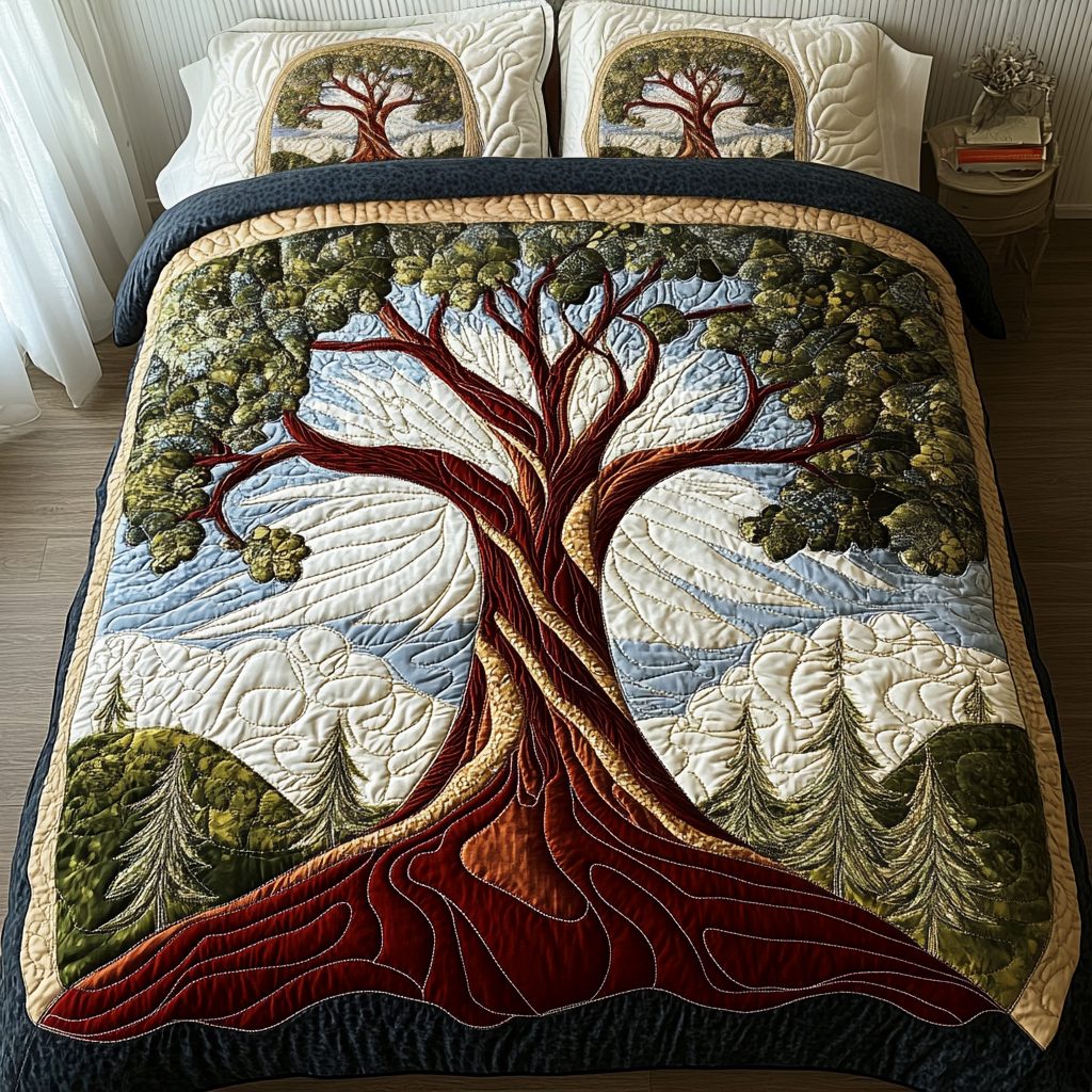 Nature Embrace quilted 3-piece bedding set on a made bed with two matching pillow shams