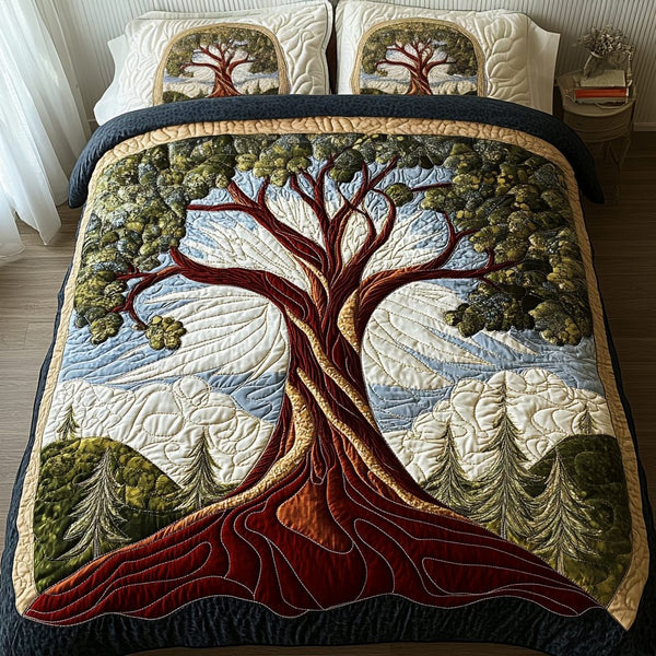 Nature Embrace quilted 3-piece bedding set on a made bed with two matching pillow shams