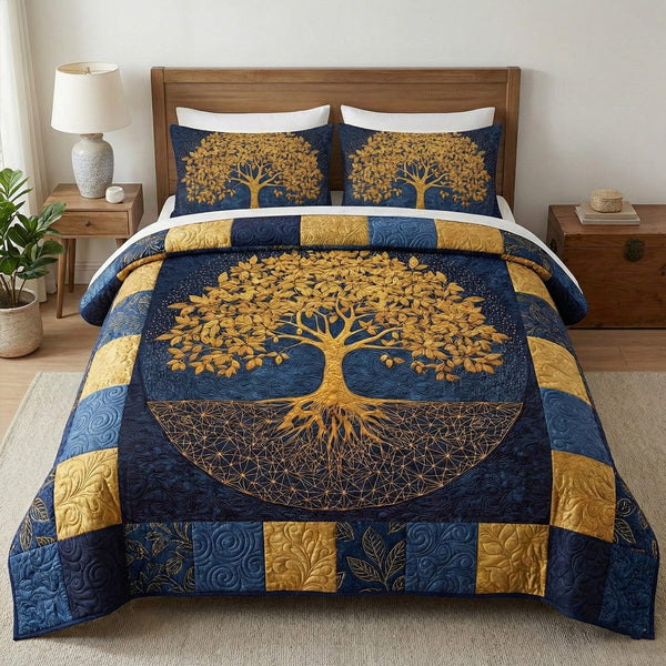 Nature Embrace quilted 3-piece bedding set on a made bed with two matching pillow shams