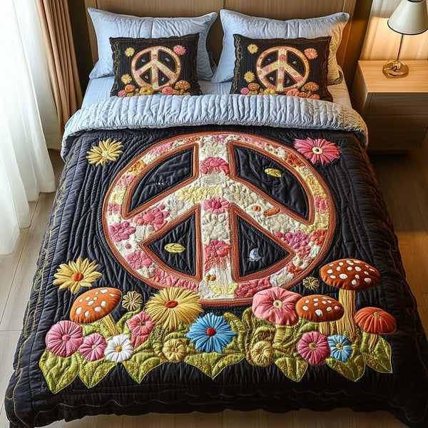Nature Embrace quilted 3-piece bedding set on a made bed with two matching pillow shams