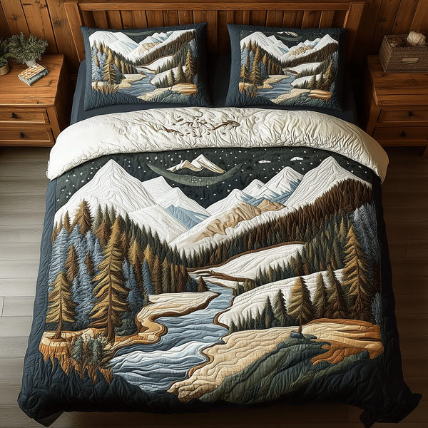 Nature Embrace quilted 3-piece bedding set on a made bed with two matching pillow shams