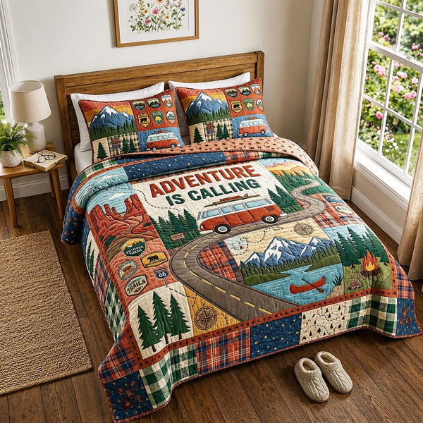Nature Escape quilted 3-piece bedding set on a made bed with two matching pillow shams
