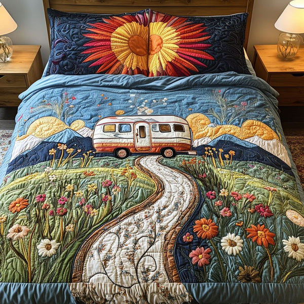 Nature Escape quilted 3-piece bedding set on a made bed with two matching pillow shams