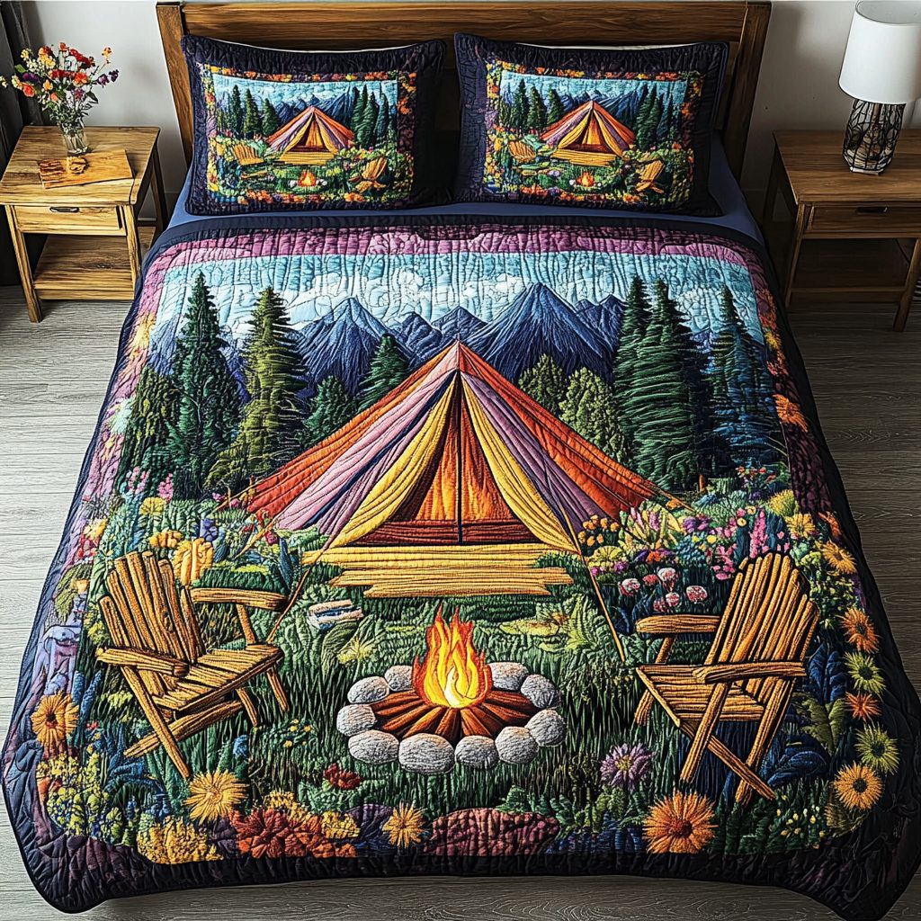 Nature Escape quilted 3-piece bedding set on a made bed with two matching pillow shams