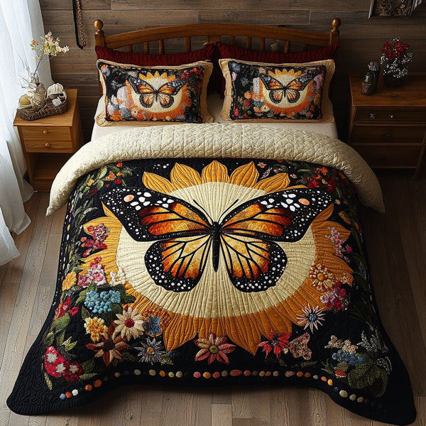 Nature Flourish quilted 3-piece bedding set on a made bed with two matching pillow shams